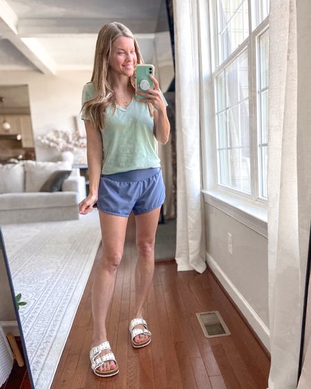 As casual as it gets… 
Amazon athletic shorts
V-neck mint green t-shirt (from Target a few years ago, but I linked similar options)
White sandals

#LTKfindsunder50 #LTKover40