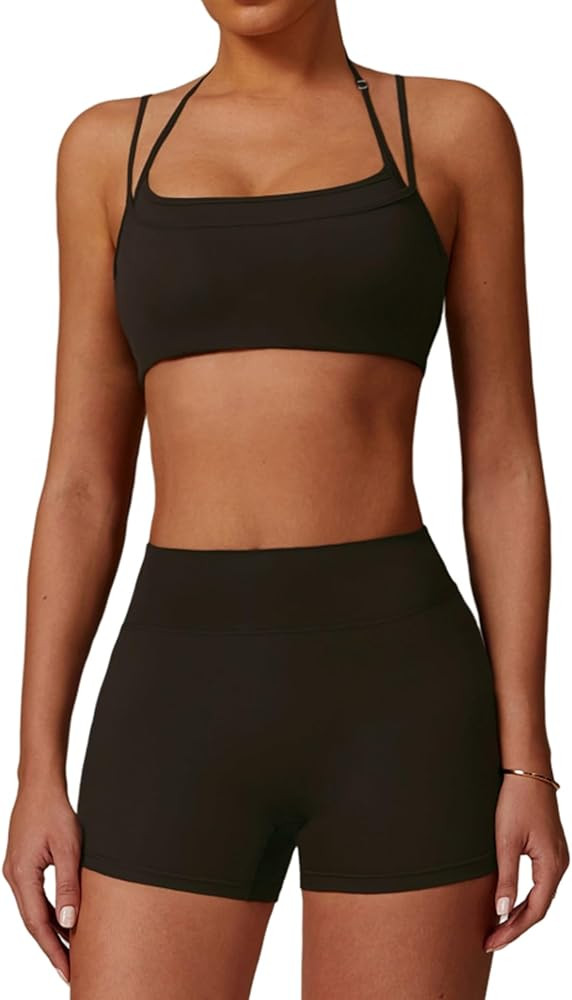 Two Piece Workout Sets For Women Sports Bra Matching High Waist Scrunch Butt Shorts Gym Yoga Athl... | Amazon (US)