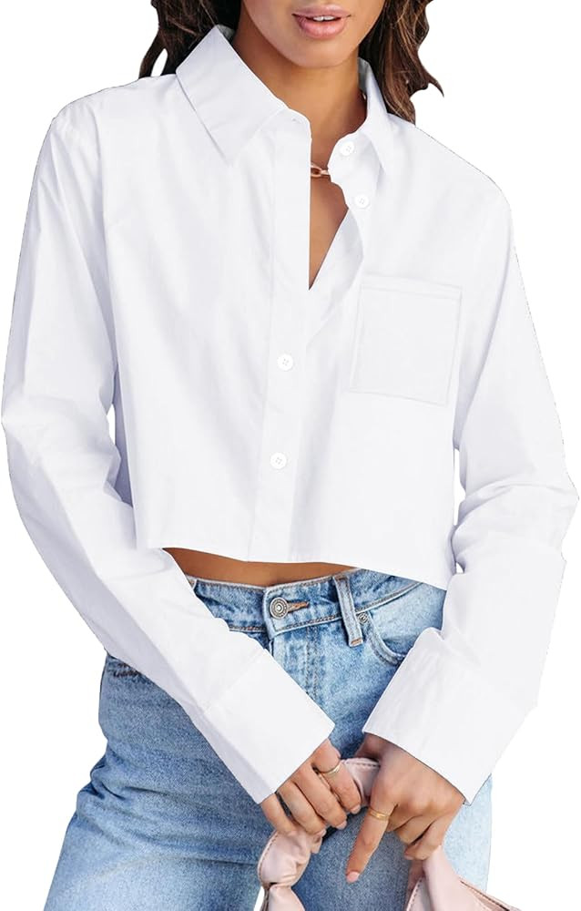 BONITEE Cropped Button Down Shirts for Women 2025 Fall Trendy Casual Long Sleeve Crop Blouses Sex... | Amazon (US)