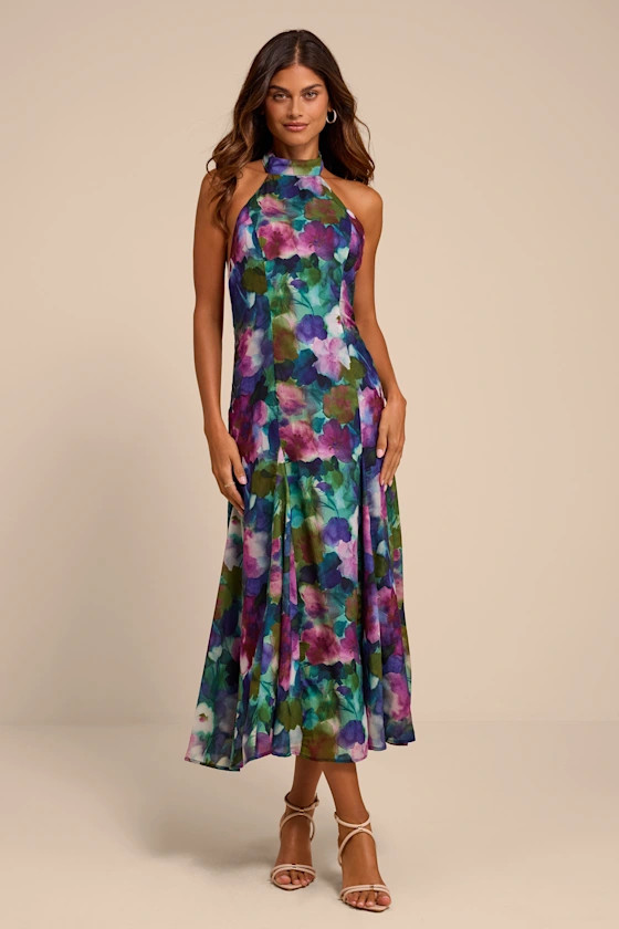 Baird Multi Floral Print Halter Midi Dress | Lulus