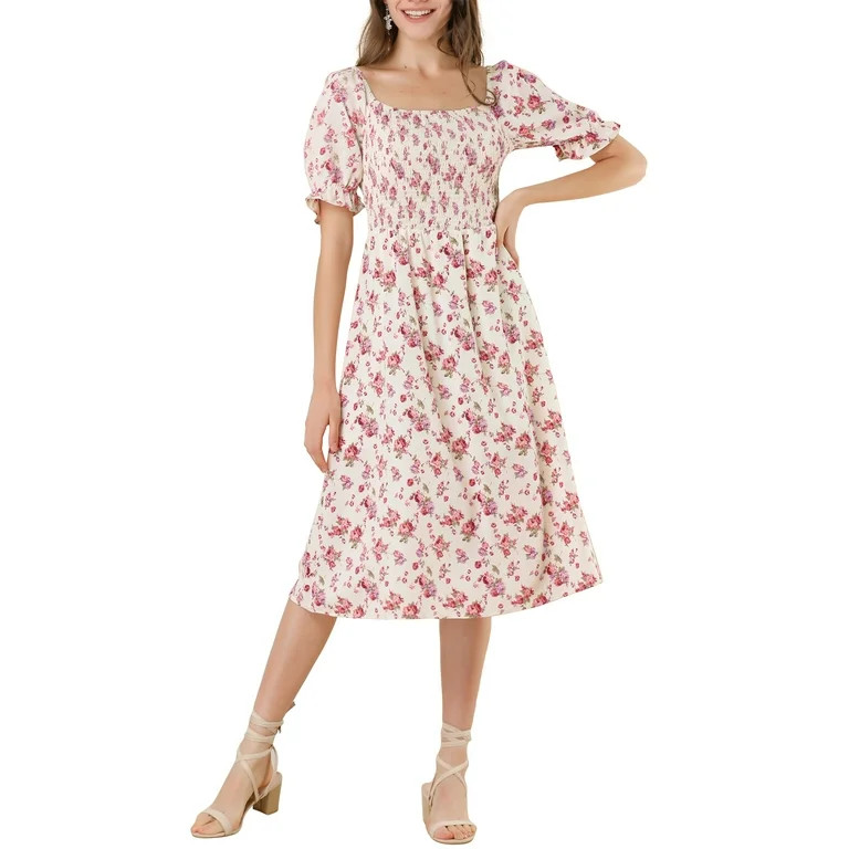 Allegra K Women's Square Neck Puff Sleeves Casual Midi Smocked Floral Dresses | Walmart (US)