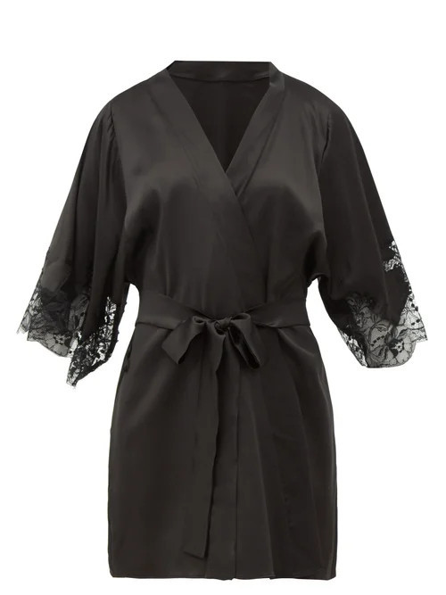 Fleur Of England - Lace-insert Silk-blend Robe - Womens - Black | Matches (US)
