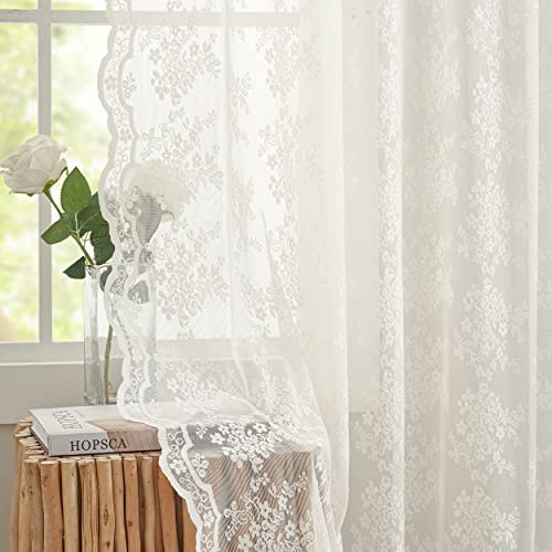 YJ YANJUN Sheer Lace Curtains for Bedroom Ivory Elegant Victorian Curtains Scalloped Edges Floral... | Amazon (US)