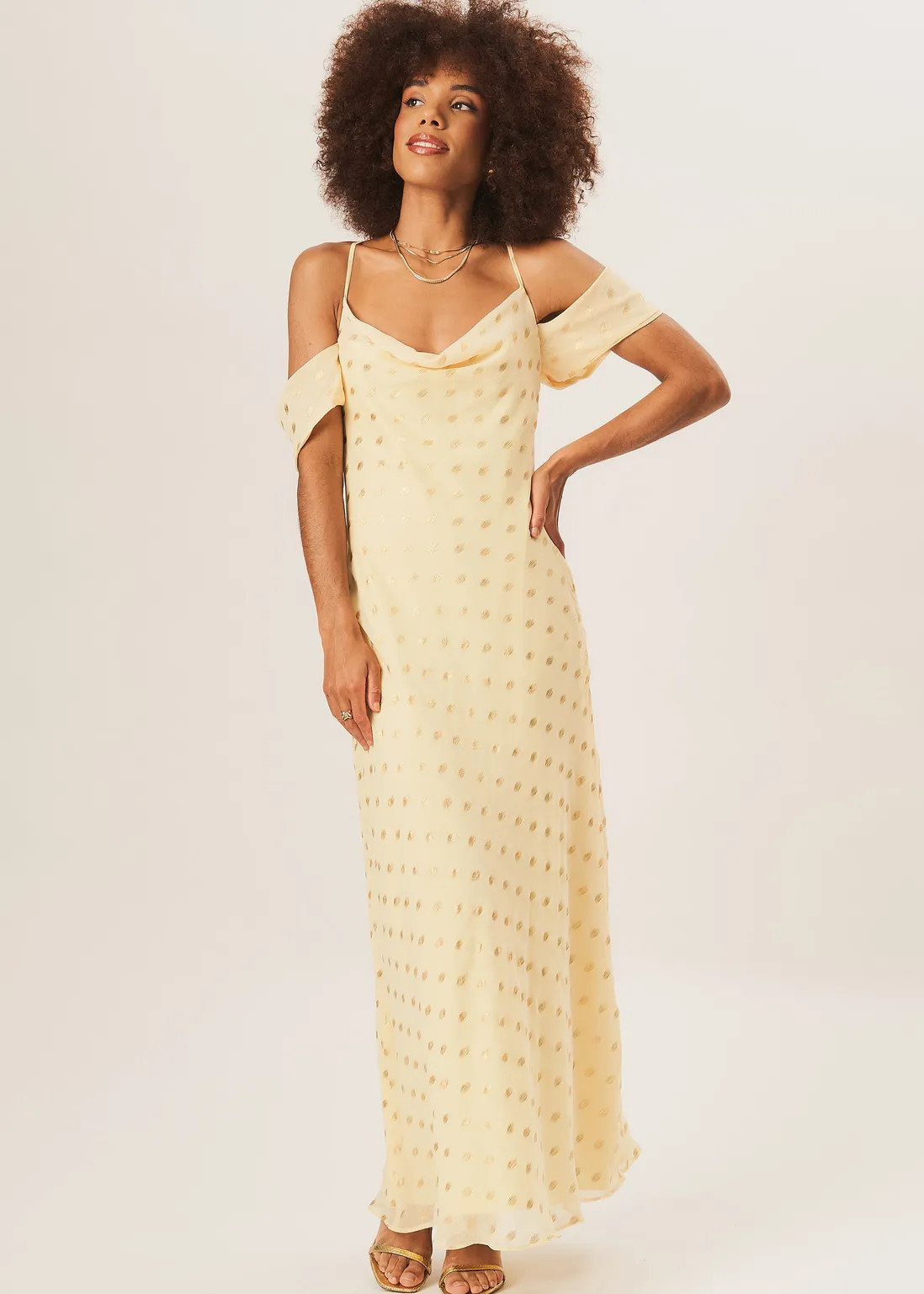 Dresses | Yellow Cowl Neck Drop Sleeves Foil Maxi Dress | Gini London | Debenhams UK