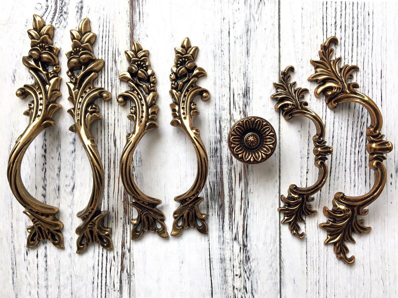 Antique Gold Brass Cabinet Door Handle Pulls Drawer Pull Handles Dresser Kitchen Retro Leaf Leafy... | Etsy (US)