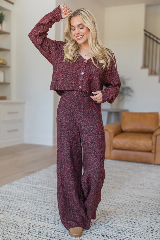 Cool Factor Dusty Burgundy Cropped Cardigan & Wide Leg Set | Pink Lily