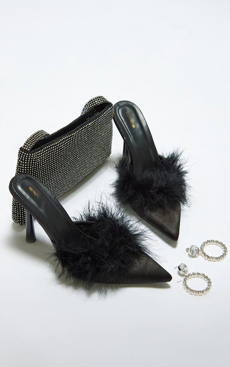 Black Satin Point Toe Feather Trim High Stiletto Heeled Mules | PrettyLittleThing UK