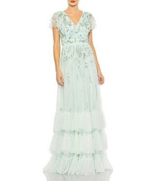 V-Neck Flutter Sleeve Ruffle Tiered Embellished Gown | Dillard's