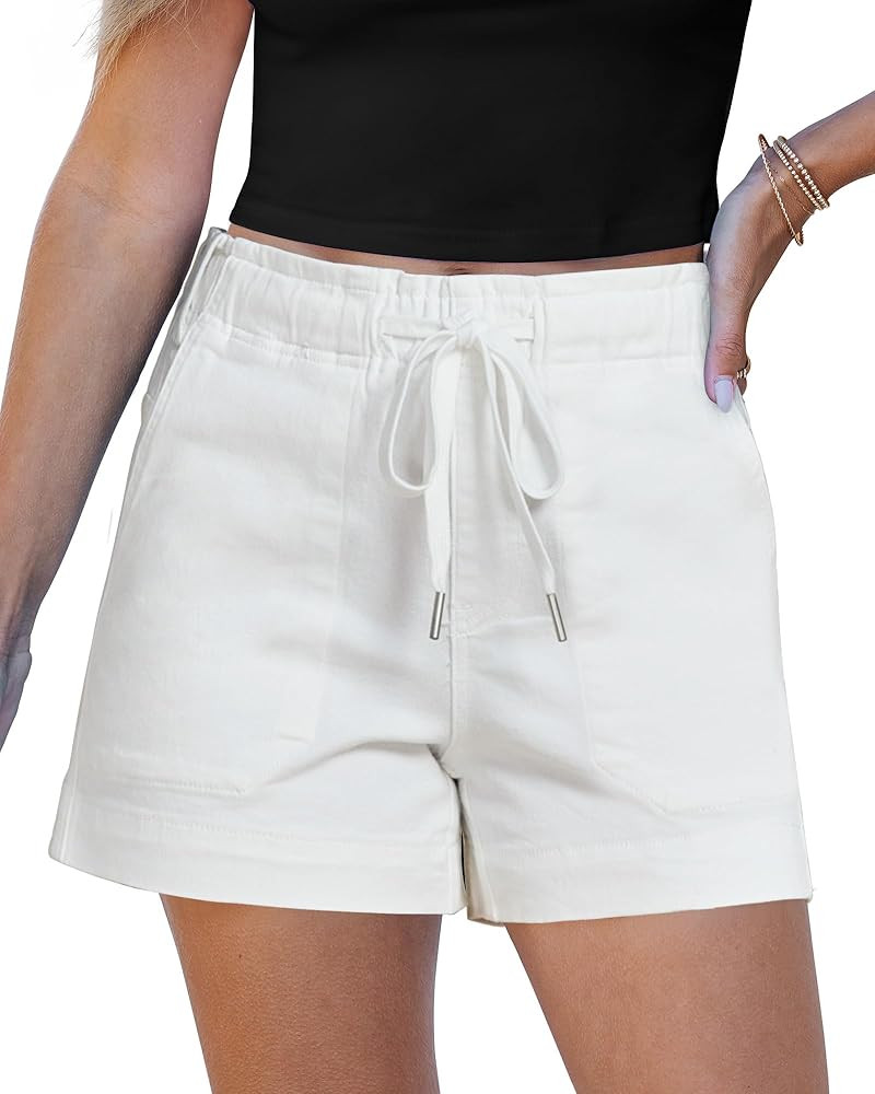 Jean Shorts for Women Trendy High Waisted Drawstring Pull On Elastic Waist Stretchy Denim Shorts Mid Thigh Jorts | Amazon (US)