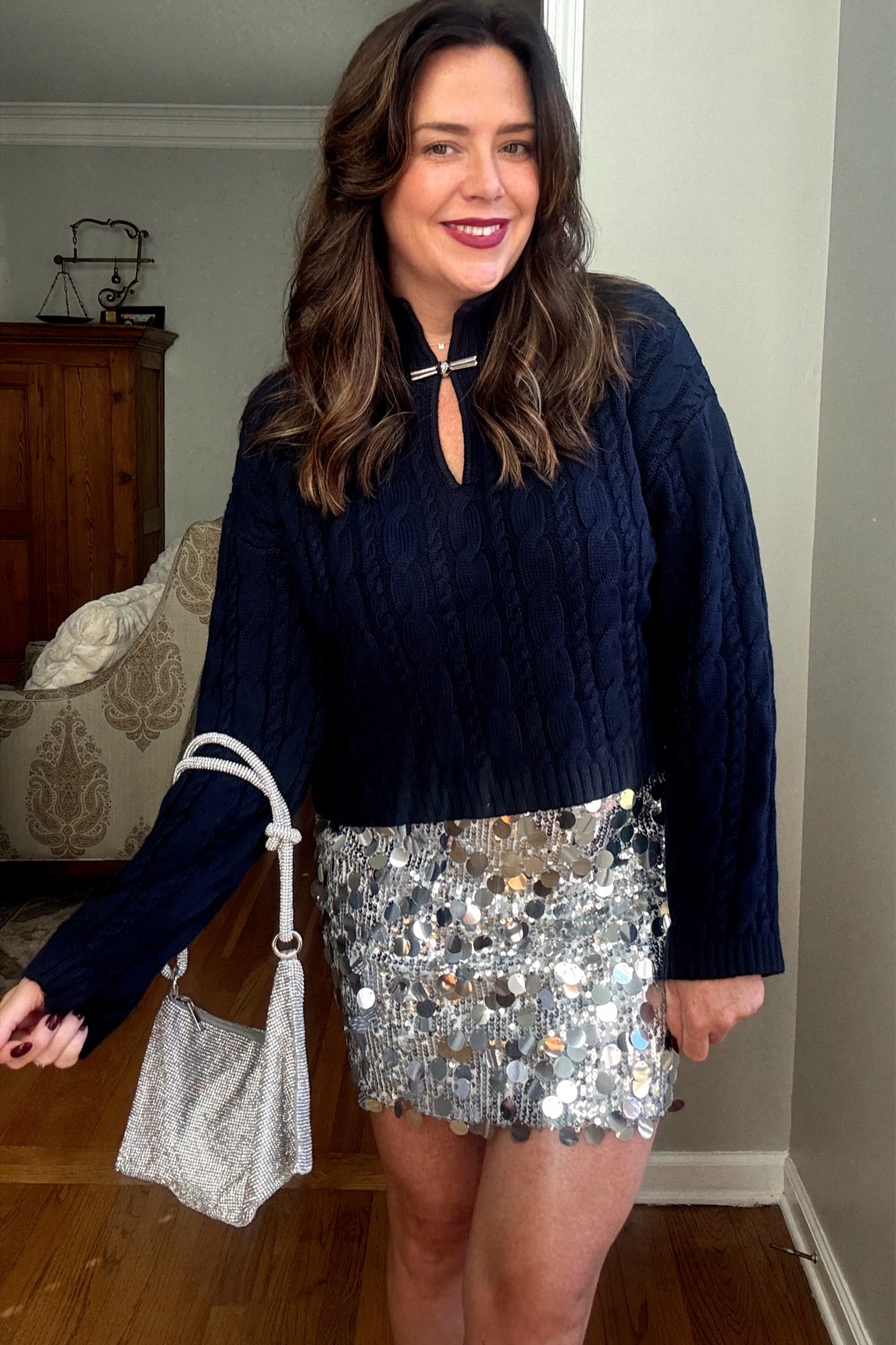 I can’t with the details on all Commense pieces like this navy cable sweater . It adds such a chic factor and I LOVE navy and silver together it’s so gorgeous even for the holidays ! #holidaylook #sequinskirt #cableknit #sweater 

#LTKHoliday #LTKSeasonal #LTKOver40