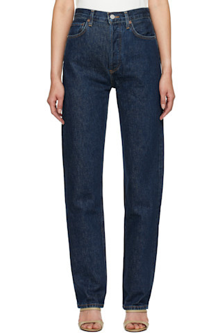 Blue 90's Pinch Waist High Rise Straight Long Jeans | SSENSE
