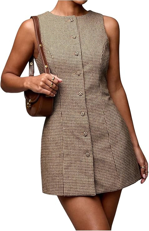 SOLY HUX Women's Plaid Button Down Dress Crew Neck Sleeveless Tie Back Work Office Mini Dresses | Amazon (US)
