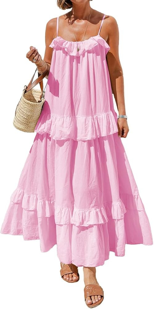 chouyatou Women's Summer Boho Spaghetti Strap Maxi Dress Flounce Tiered Flowy Swing Beach Sundres... | Amazon (US)