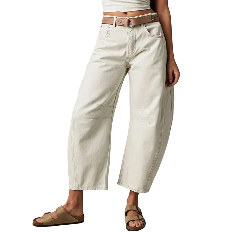 PUWEI Women's Barrel Jeans Loose Mid Rise Vintage Wide Leg Cropped Denim Pants with Pockets | Walmart (US)