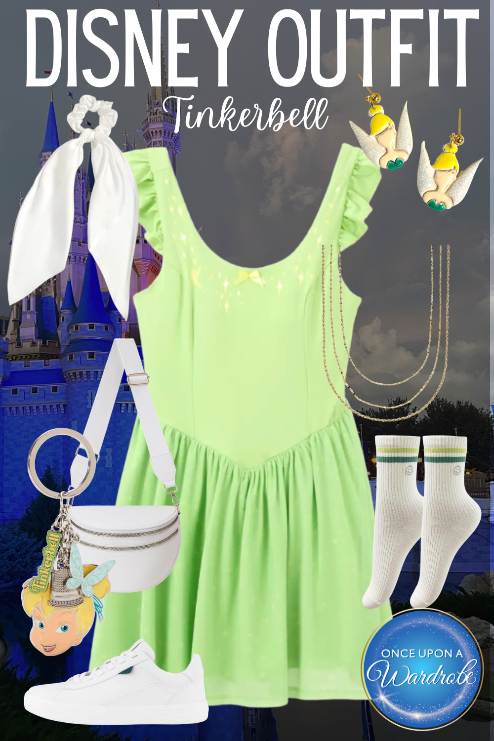 Tinkerbell inspired Disney outfit ✨ This bright green dress is the perfect Disneybound for a day at Magic Kingdom, especially if you love Peter Pan and Fantasyland. I paired it with simple white sneakers, a bow hair scarf, Tinkerbell earrings, and a white belt bag with a Tinkerbell keychain for a comfortable park day look. This is such a fun Disney outfit idea for women visiting Walt Disney World who want something cute, breathable, and easy to wear all day. Shop the outfit details below to recreate this Tinkerbell Disneybound for your next Disney trip. 

 #LTKTravel