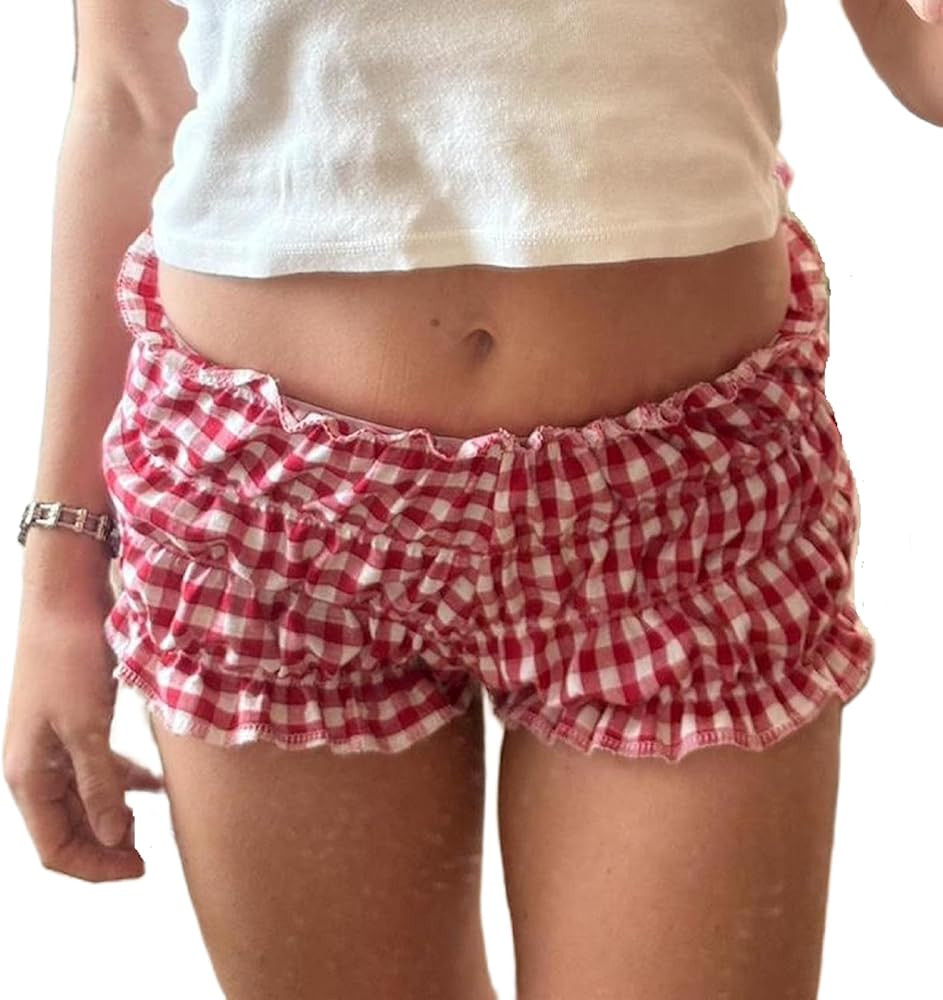 Women Gingham Boxer Shorts Ruffle Bloomers Cute Sexy Micro Y2k Pajama Plaid Shorts | Amazon (US)