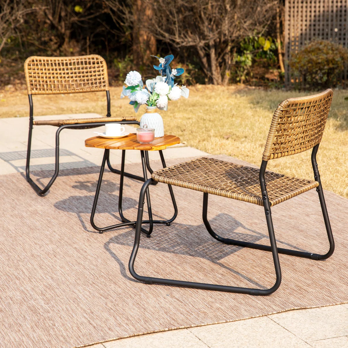 Colzie 2-Person Stackable Wicker Patio Set with Solid Wood Table | Wayfair North America