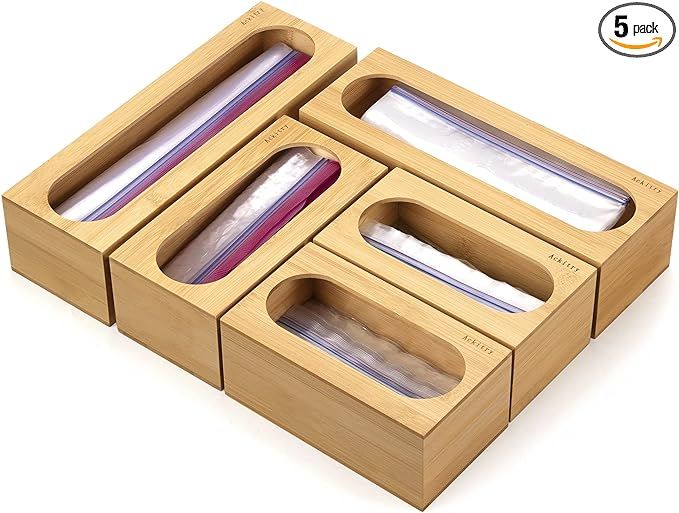 Ackitry Food Bag Storage Organizer for Kitchen Drawer, 5 Pcs Bamboo Premium Food Storage Bag Hold... | Amazon (US)