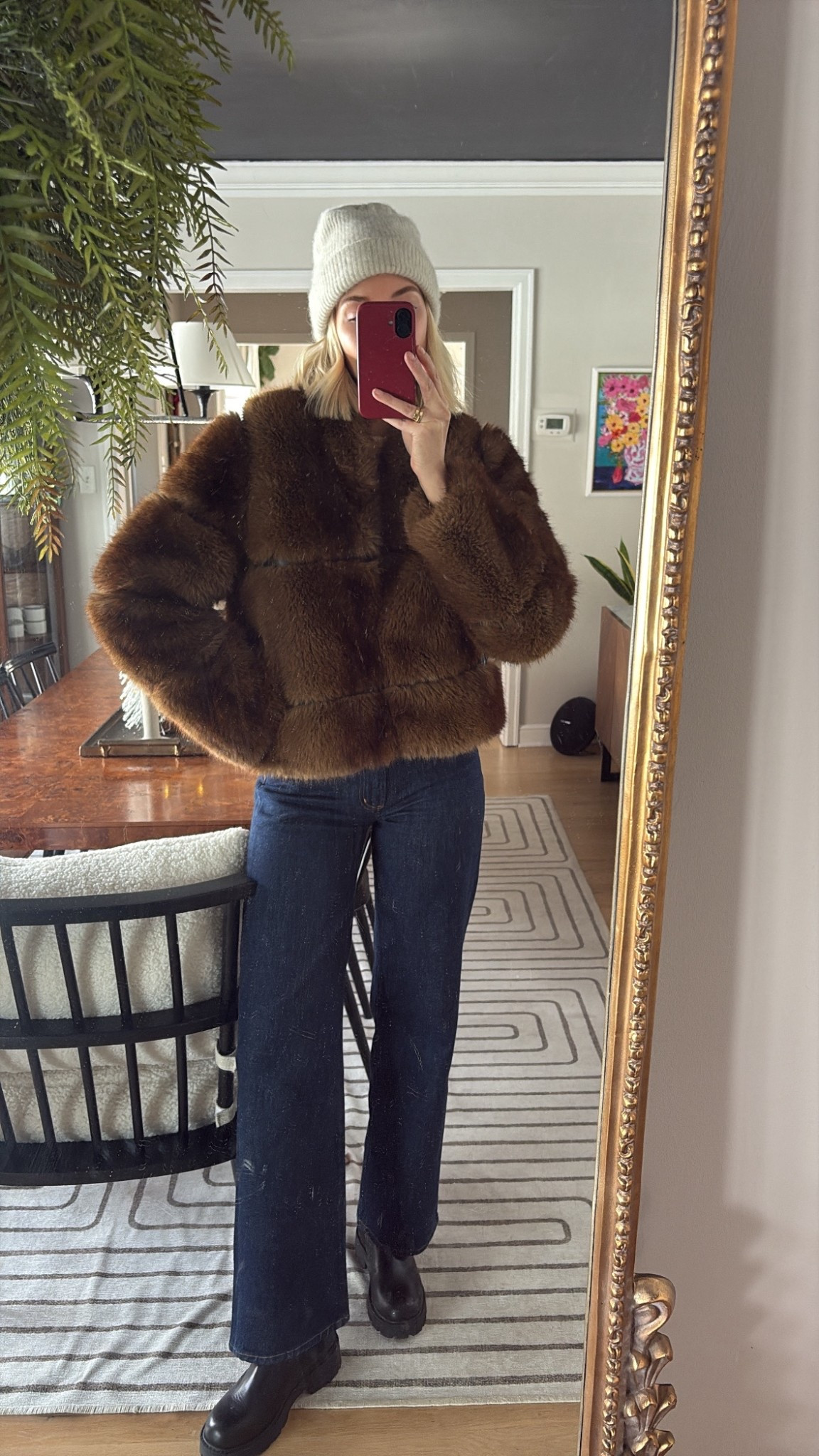 Favorite faux fur- insanely warm and cozy soft. Also, these Agolde jeans have so much stretch the feel like sweats—in the best way. Boots old so linking similar. 
