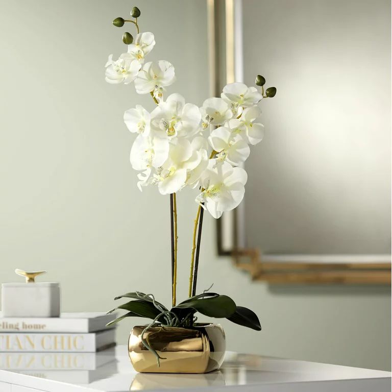 Dahlia Studios Potted Faux Artificial Flowers Realistic White Orchid Greenery in Gold Ceramic Pot... | Walmart (US)