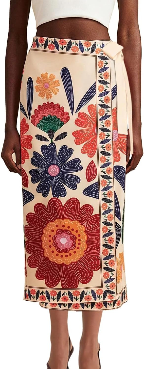 Women’s Floral Print Wrap Skirts Boho Tie Knot Skirt High Waist Causal Cute Flower Graphic Long... | Amazon (US)