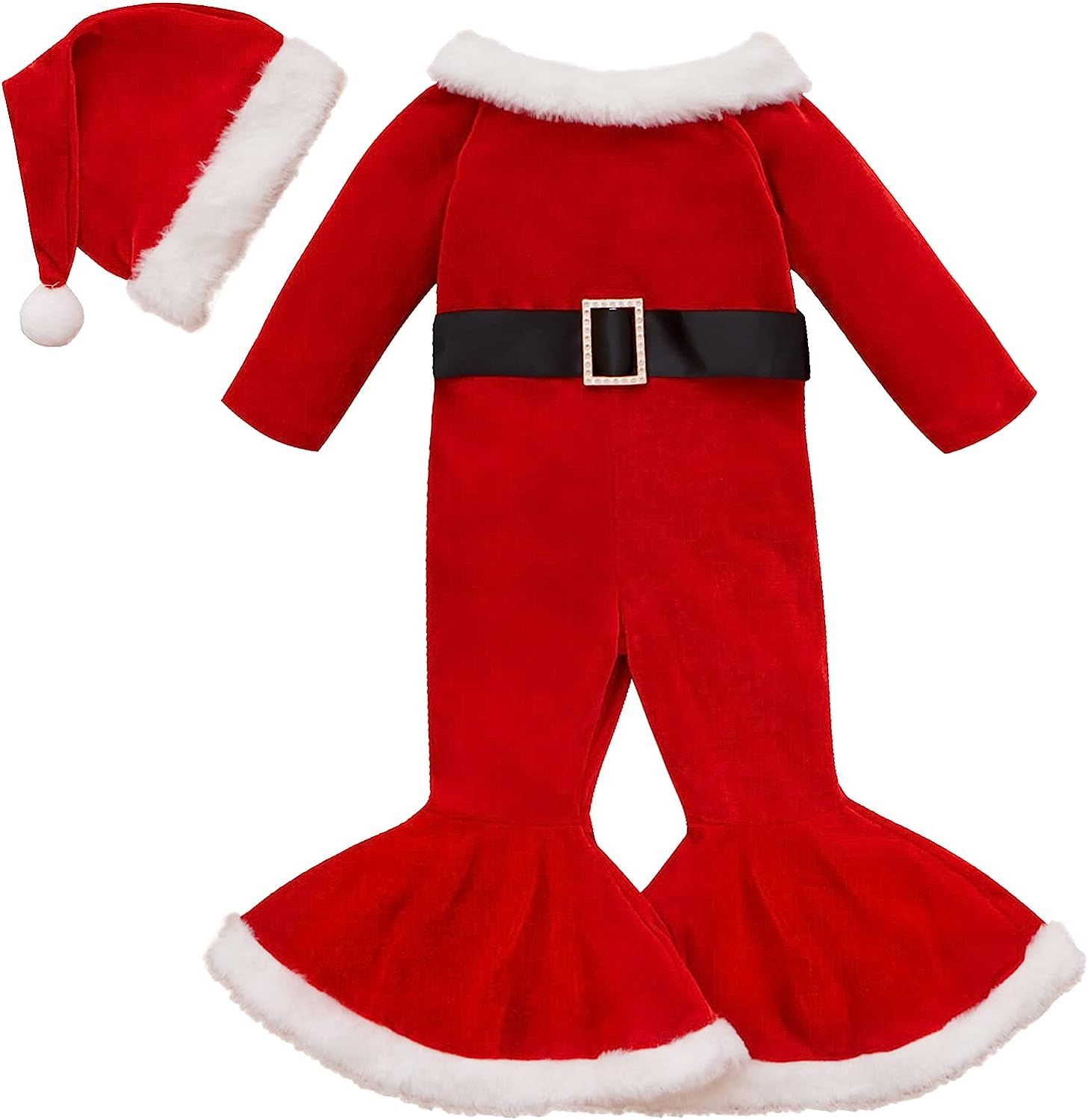 Baby Girl Christmas Clothes Set Long Sleeve Bell Bottom Bodysuit Velvet Xmas Santa Claus Costume Out | Amazon (US)