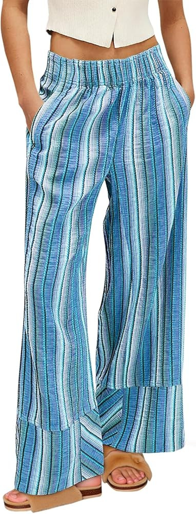 Cicy Bell Womens Wide Leg Lounge Pants Elastic High Waisted Striped Palazzo Pants Flowy Casual Be... | Amazon (US)