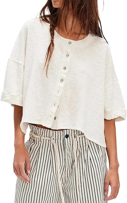 Womens Loose Fit Open Front Summer Thin Lightweight Tee Drop Shoulder 3/4 Wide Sleeve Y2K Streetw... | Amazon (US)