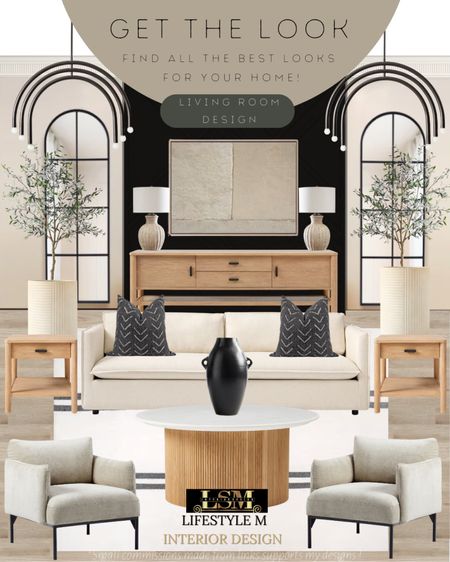 Living Room Design Ideas. Recreate the look with these furniture and decor finds! Wood white top round coffee table, white accent chair, white stripped rug, black vase, white sofa, black throw pillows, wood end table, wood console table, table lamp, wall art, white ceramic tree planter pot, living room chandelier. 

#LTKFind #LTKstyletip #LTKhome