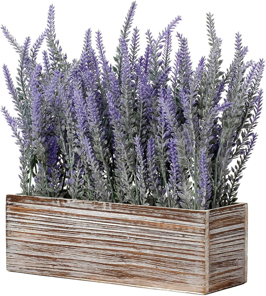 11" Long Lavender Flowers Artificial Lavender Decor Fake Lavender Plant in Rustic Wooden Box Faux... | Amazon (US)