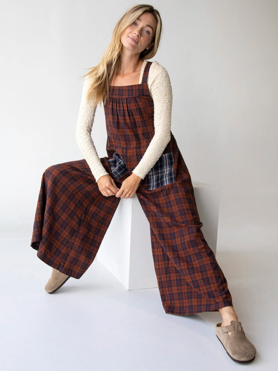 Flannel Dakota Tie Overall - Rust Plaid | Natural Life