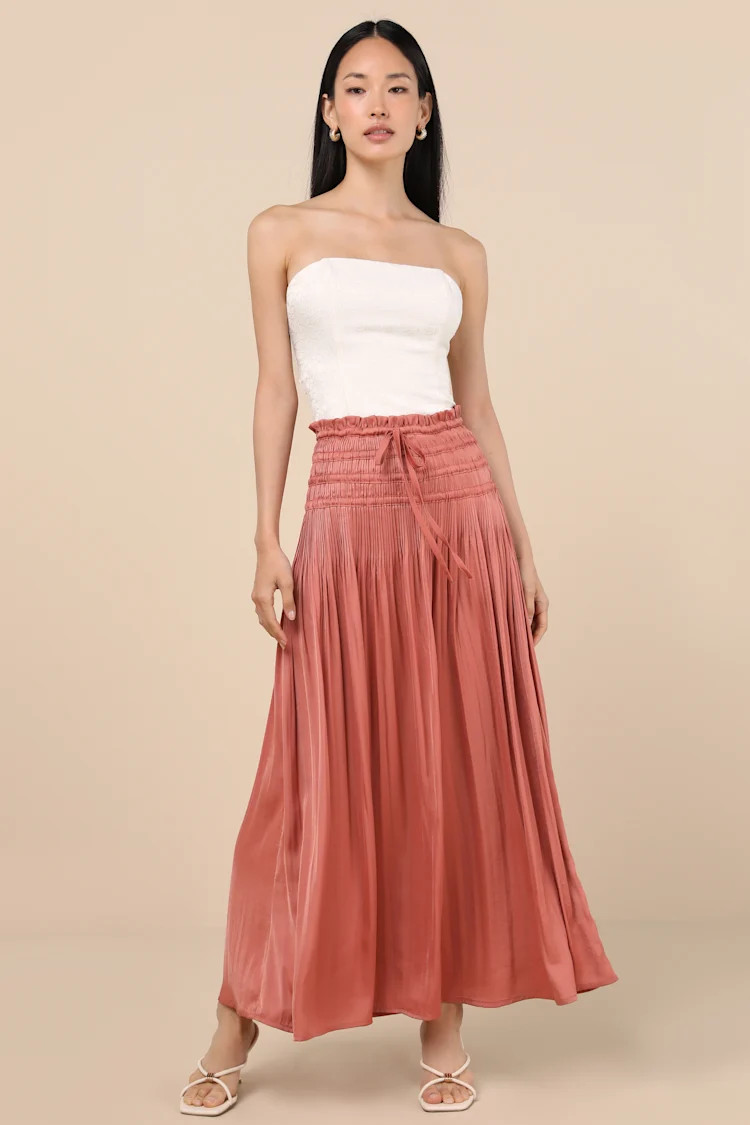Maina Rusty Rose Plisse Drawstring High-Rise Maxi Skirt | Lulus