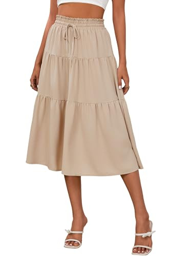 Anbech Women's Casual Midi Skirt Elastic High Waisted Summer Beach Skirts Trendy Pleated A-Line D... | Amazon (US)