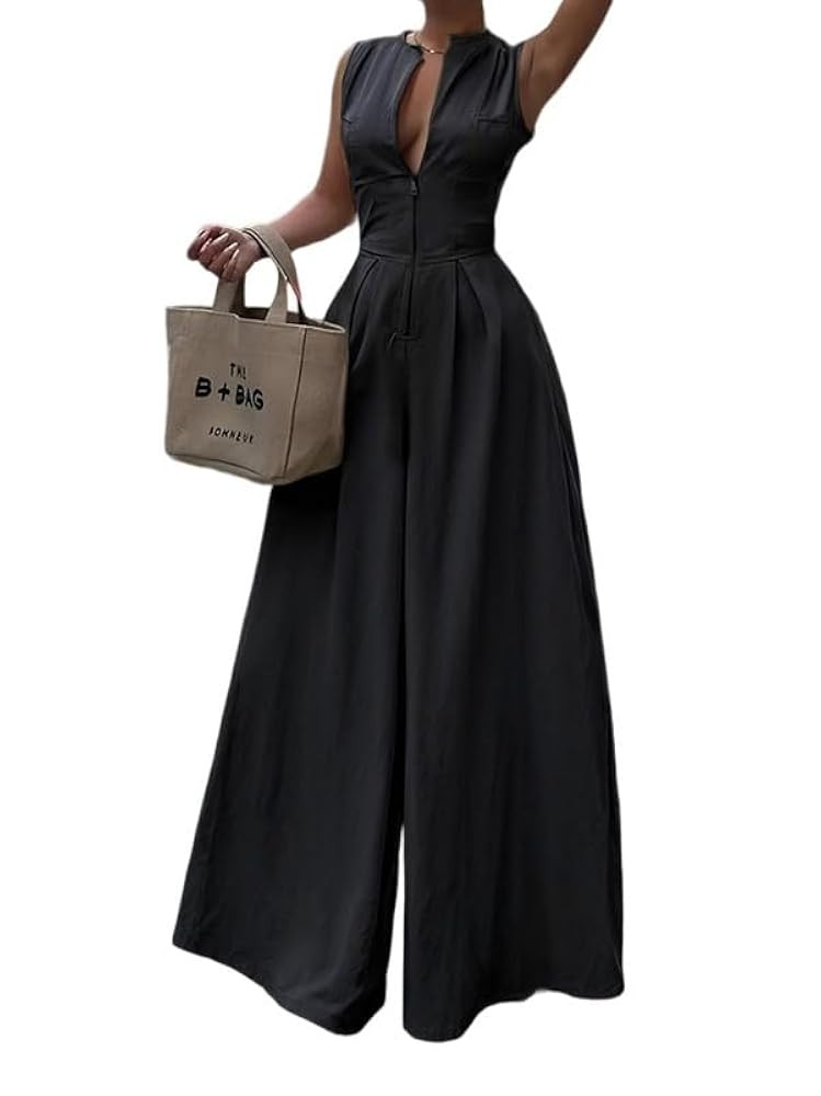 UOOZEE Women's Wide Leg Long Pant Jumpsuits One Piece Sleeveless Zipper Dressy Elegant Jumpsuit f... | Amazon (US)