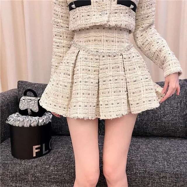 Gultown - Crew Neck Flower Bow Tweed Cropped Button Jacket / High Rise Faux Pearl Chain Pleated M... | YesStyle Global