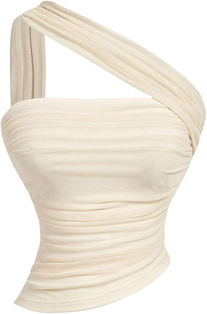 Milumia Women's One Shoulder Halter Tops Mesh Ruched Sleeveless Going Out Crop Tank Top | Amazon (US)