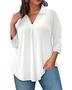 REDHOTYPE Womens Plus size Tops 3/4 Sleeve Shirts Collared V Neck Blouses Casual Work Tunic Tops | Amazon (US)
