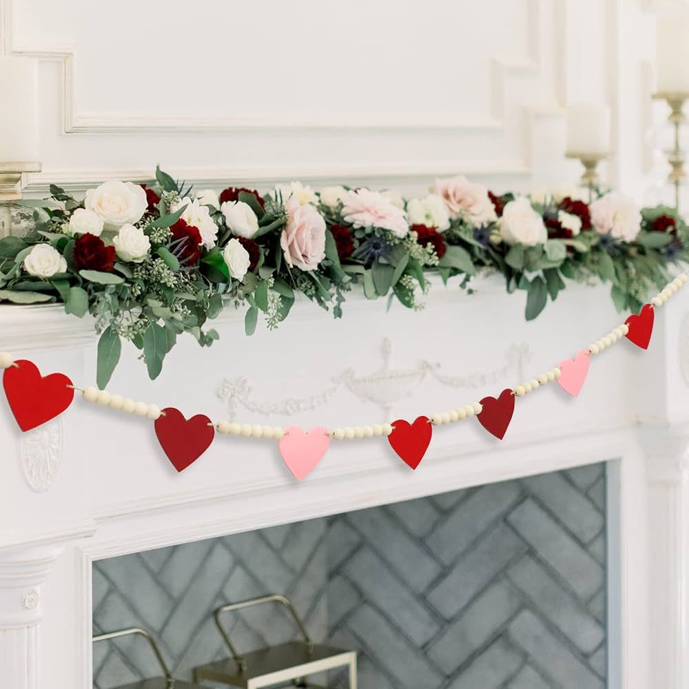 DAZONGE Retro Valentine Decor, Felt Hearts Wood Bead Garland for Valentine Decorations, Red and P... | Amazon (US)