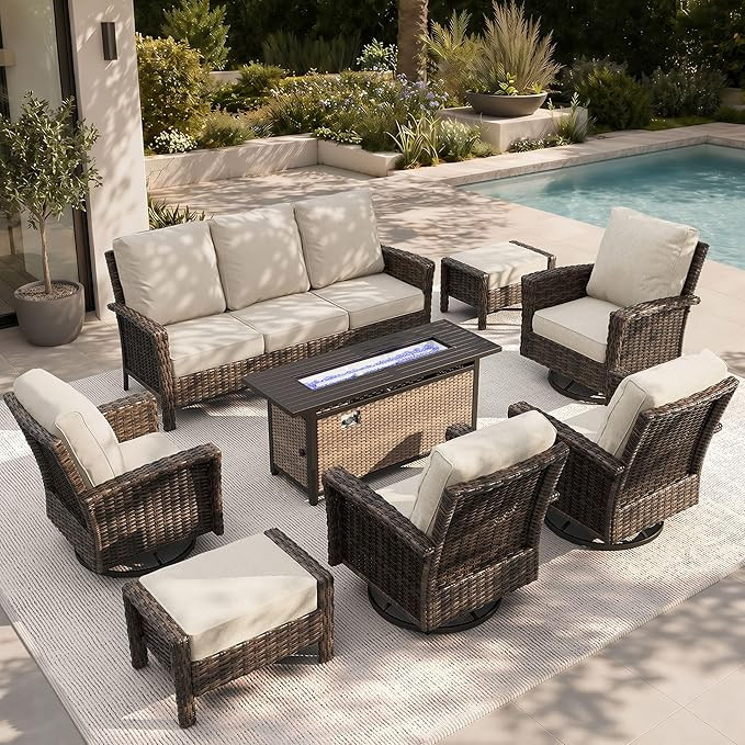 HERA'S HOUSE 8-Piece Patio Furniture Set with Outdoor Swivel Chairs & Fire Pit Table, High Back W... | Amazon (US)