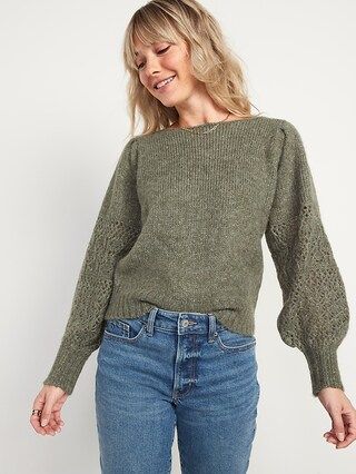 Boat-Neck Heathered Pointelle-Knit Sweater for Women | Old Navy (US)