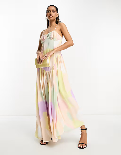 ASOS DESIGN ruched bust backless cami maxi dress with dropped hem in abstract print | ASOS (Global)