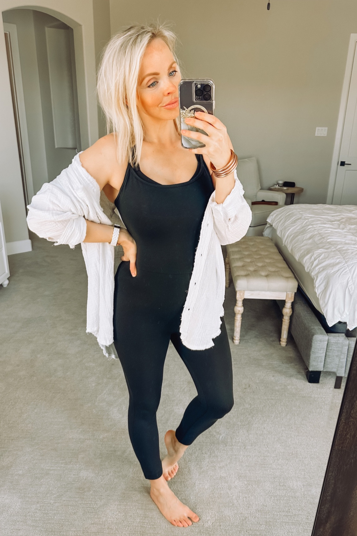 Black one piece jumpsuit from Abercrombie - wearing a size medium. So comfy for everyday 

Non maternity 
Bump friendly 

#LTKunder100 #LTKbump #LTKsalealert