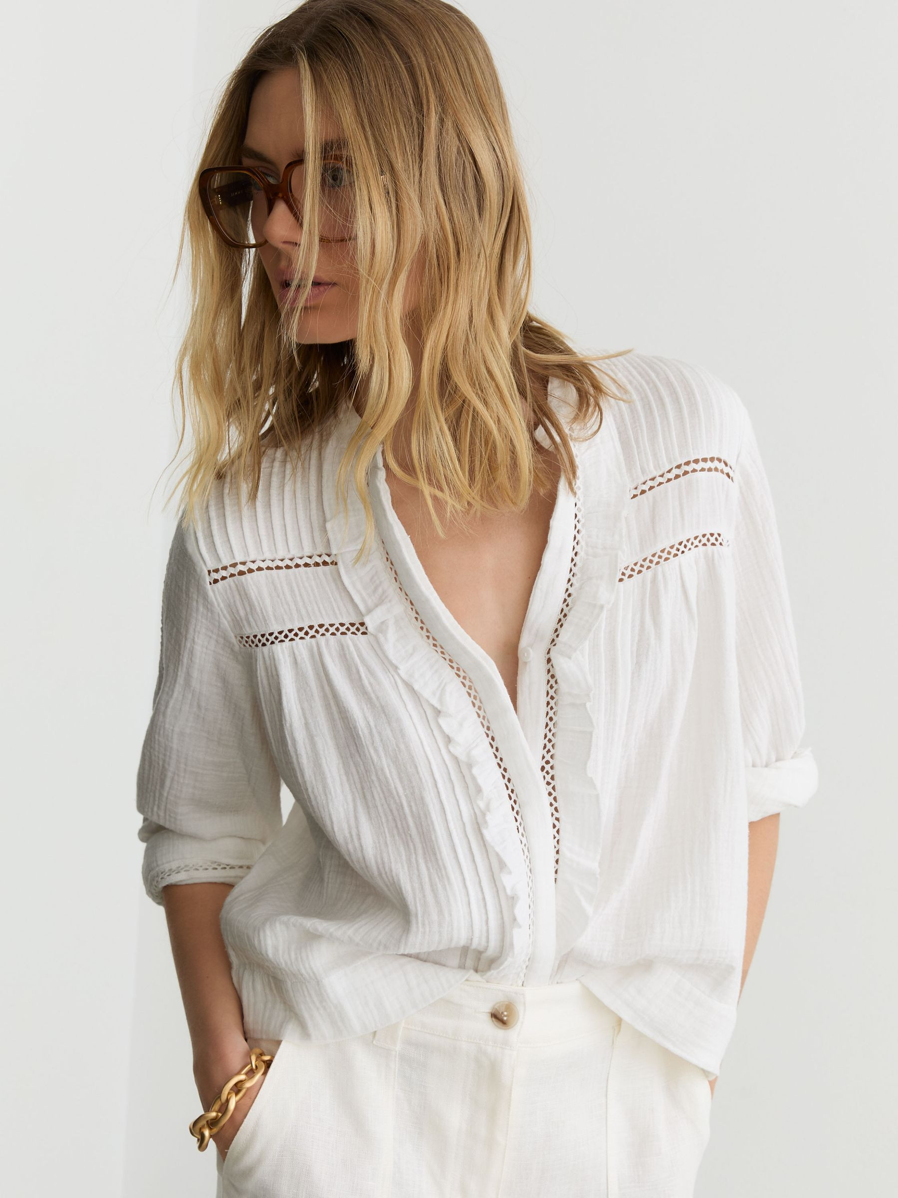 Cotton Cheesecloth Long-Sleeve Top in Ivory | Reiss UK