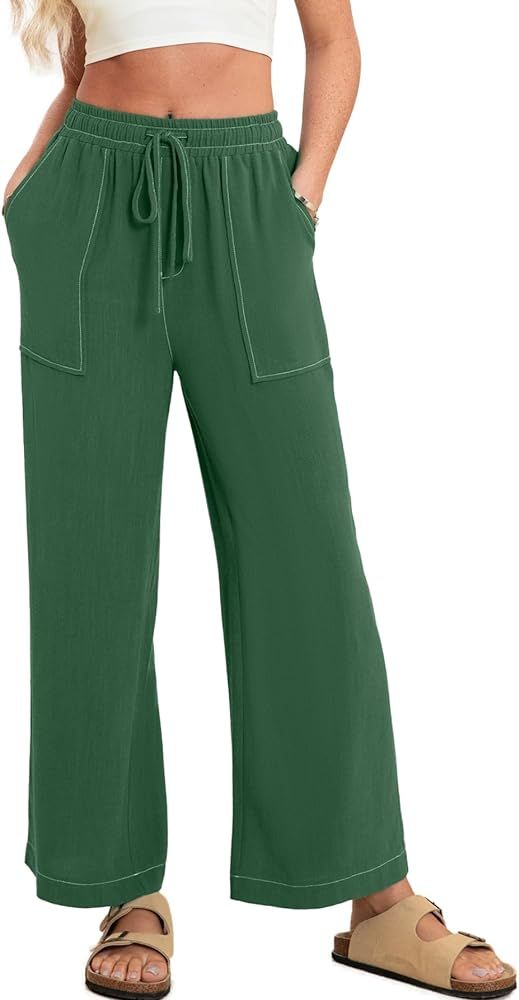 Simplee Women's Wide Leg Palazzo Pants High Waisted Boho Casual Drawstring Linen Pants Trousers w... | Amazon (US)