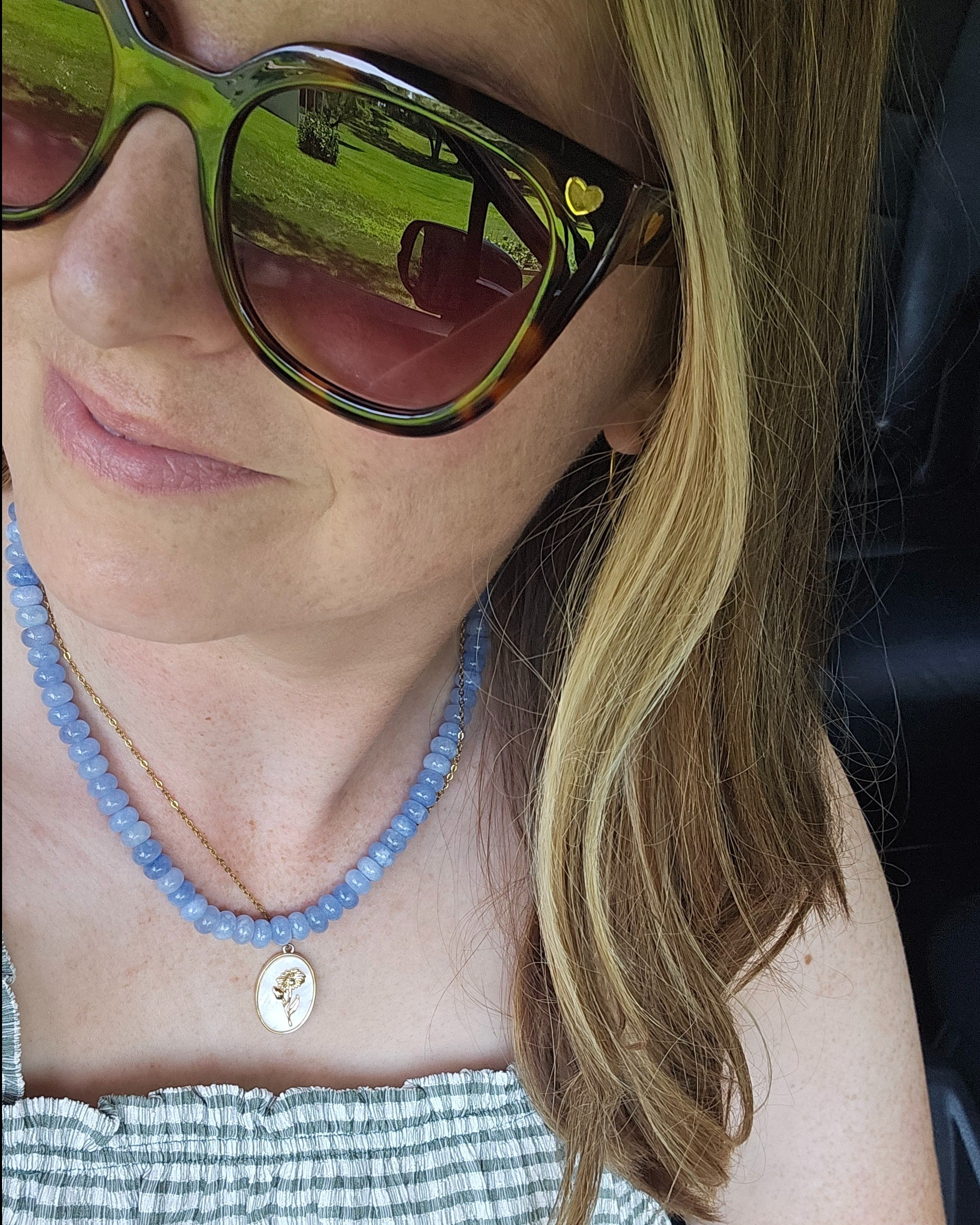 Blue gemstone necklace, candy necklace, tortoise shell sunglasses

#LTKFindsUnder50 #LTKStyleTip