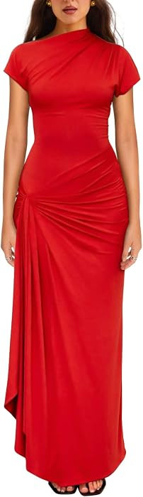YMDUCH Women's Casual Short Sleeve Ruched Split Long Party Dress | Amazon (US)