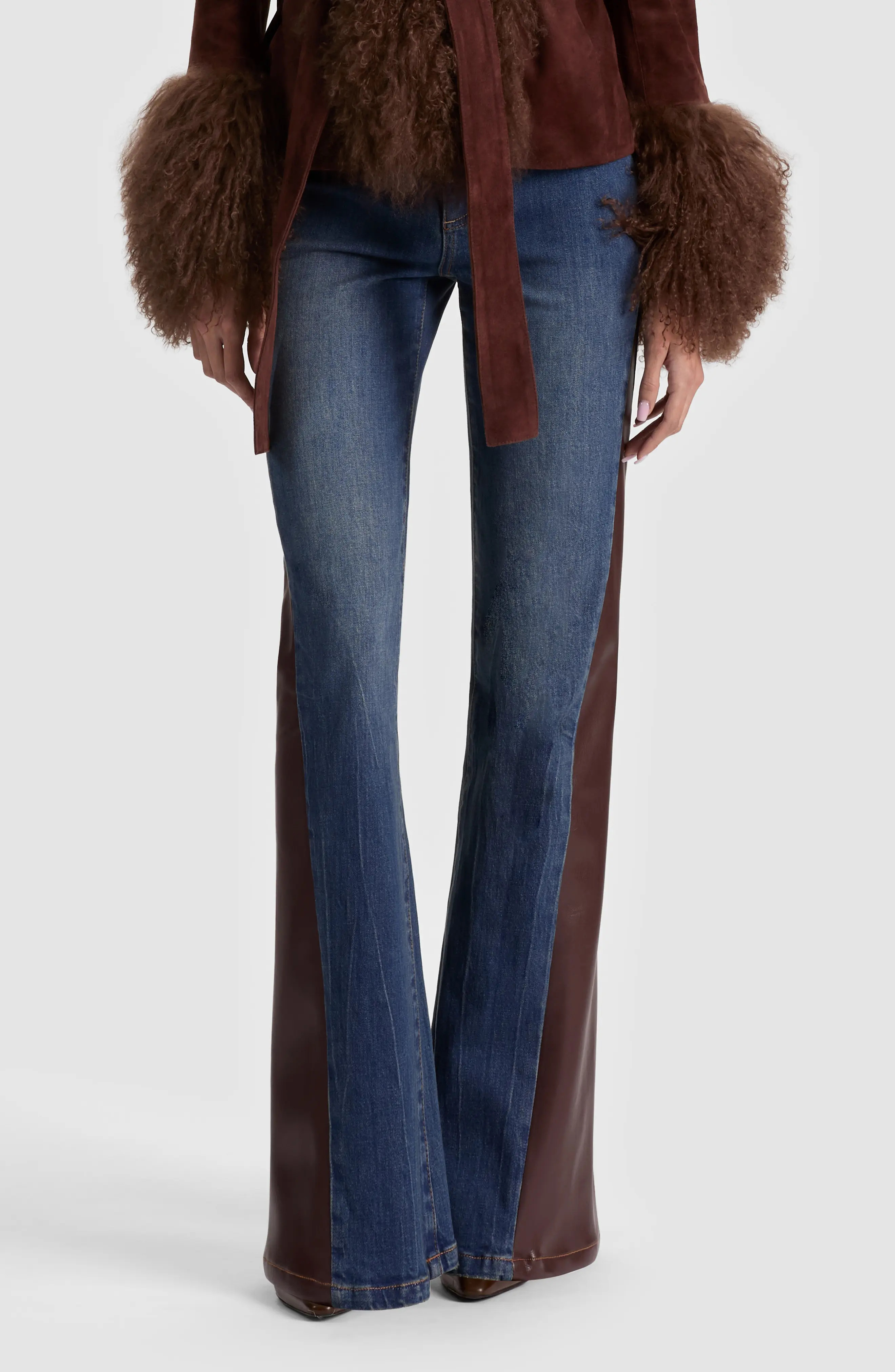 ALICE + OLIVIA Faux Leather Godet High Waist Flare Jeans in Georgette Blue/dark Chocolate at Nordstrom, Size 27 | Nordstrom