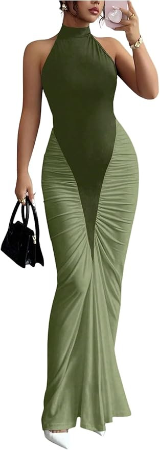 GORGLITTER Women's Halter Maxi Dress Ruched Bodycon Formal Birthday Evening Elegant Wedding Guest... | Amazon (US)