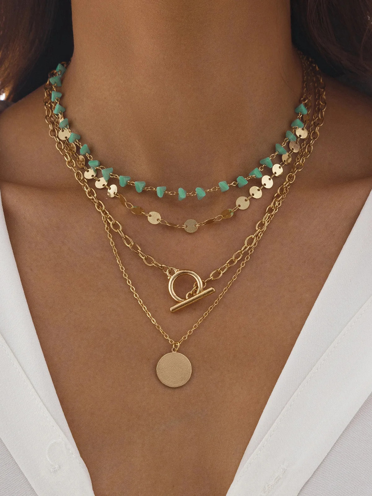 Layered Gold-Chain Necklace With Turquoise Beads And Circular Pendant | Commense