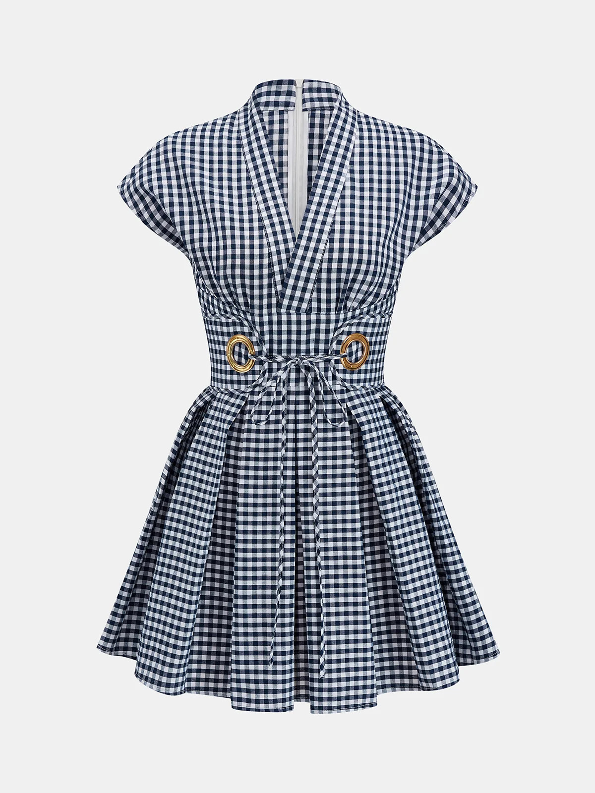 V-Neck Check Belted Mini Swing Dress | Commense